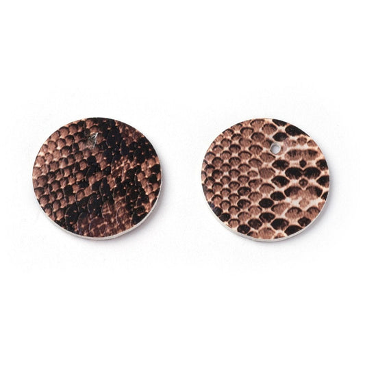P2020 - 10 pcs. Snake Skin Animal Faux Leather Dangle Charms Pendants - Black and Brown - Circle - 24mm (0.95") - Double Sided