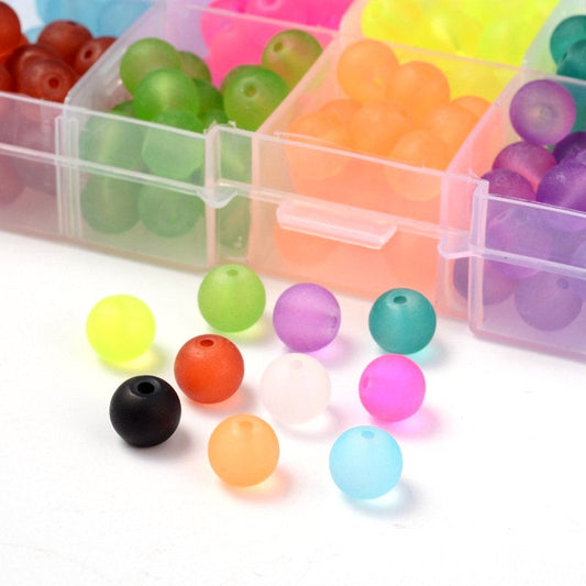 BD725 - 100 Beads - 10mm Assortment Box of Glass Frosted Round Beads - Hole Size: 1.3mm - 10 Colors! Set 4