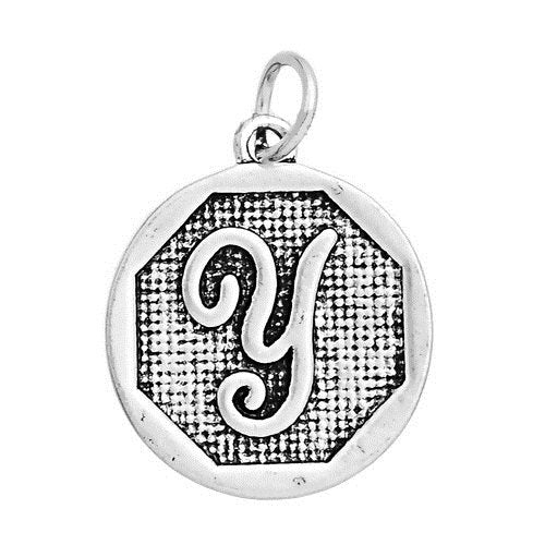 P120 - 4 pcs. Antique Silver LARGE Letter "Y" Alphabet Letter Charm Pendant - 23mm x 20mm - Stamped Design