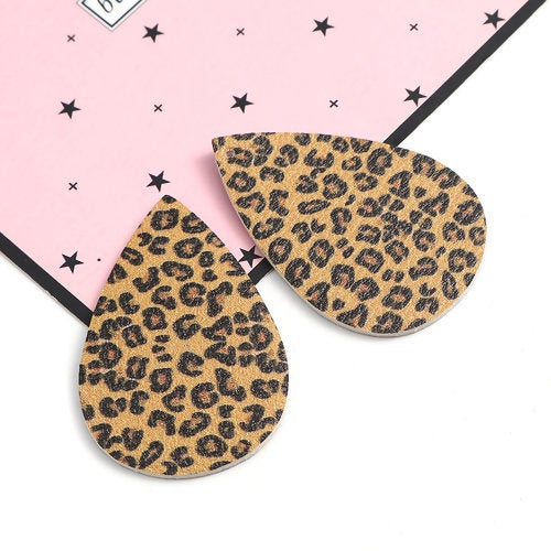 P1189 - 10 pcs. Leopard Faux Leather Dangle Charms Pendants - Teardrop - Black and Yellow - 54mm (2.13") - Double Sided