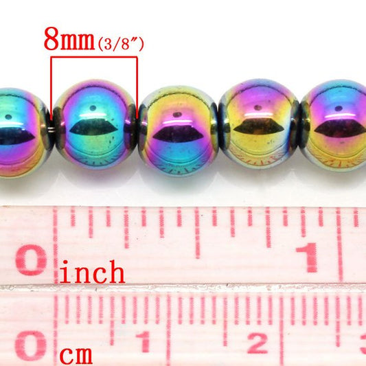 BD339 - 52 pcs. - 8mm Rainbow, Blue, Pink, Golden and Purple Hematite Round Beads - 15 inch strand - Hole Size: 1.6mm