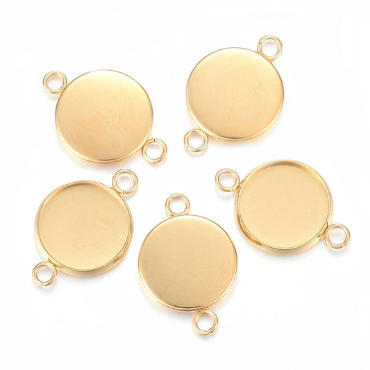 P2095 - 10 pcs. 304 Stainless Steel Golden Circle Round Bezel Cabochon Cameo Connector Tags Trays - 10mm Glue Pad - Tarnish Resistant