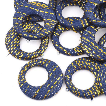 P401 - 4 pcs. Blue and Gold Raffia Dangle Charms Pendants - Circle Hoop Weave - 44mm (1.73") - Great for Earrings or Dangles!