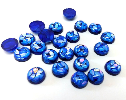 CA774 - 10 pcs. Resin Embellishment Cabochons - Blue - 10mm - Glitter - Multicolor Iridescent - Leaves