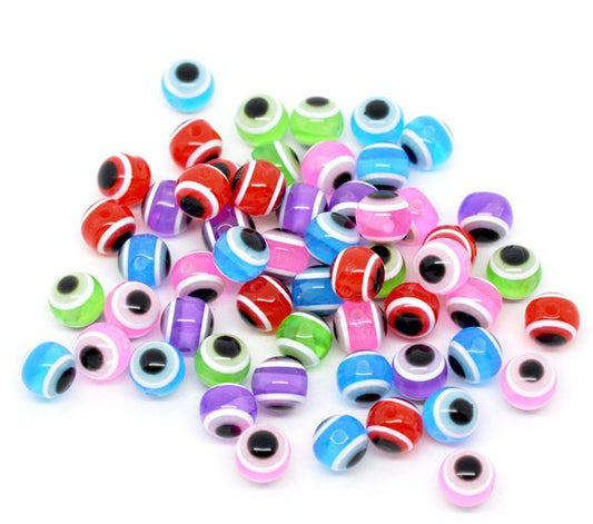 BD390 - 100 pcs Round Resin Evil Eye Striped Spacer Beads - 10mm - Assortment