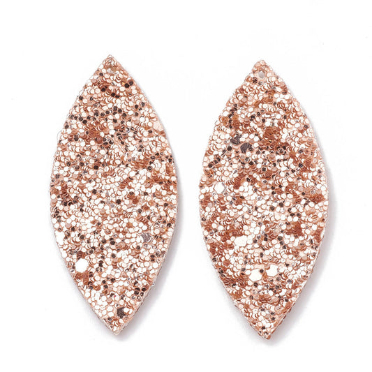 P167 - 10 pcs. Champagne Gold Faux Leather Dangle Charms Pendants - Marquise - 59mm (2.33") - Great for Light Earrings, Necklaces or Dangles!