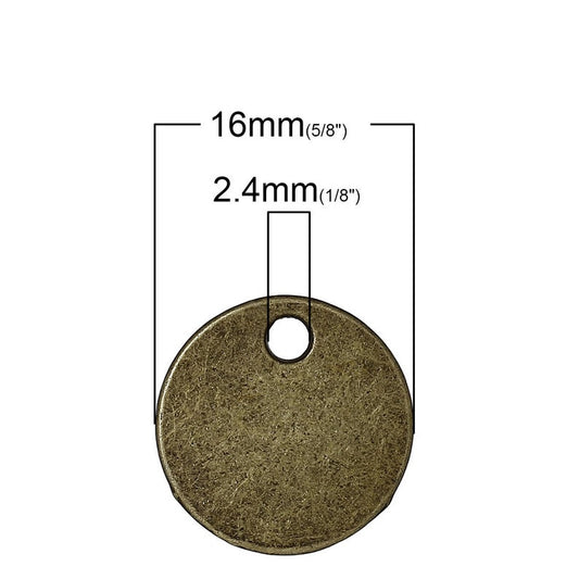 P974 - 10 pcs. Antique Bronze Circle Round Stamping Tags - 16mm (5/8") - Hole Size: 2.4mm - 1.5mm Thick - High Quality