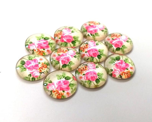CA928 - 10 pcs Circle Flower Glass Round Dome Seals Tiles Cabochons - 12mm - Pink Rose with Ivory Background