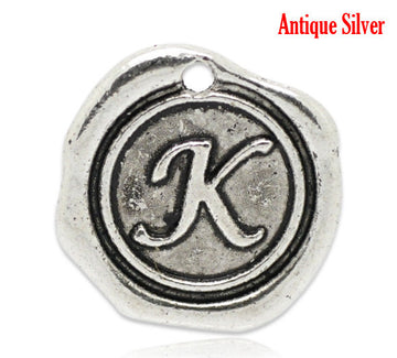 P192 - 5pcs. Antique Silver LARGE Letter "K" Alphabet Letter - 18mm x18mm - Wax Design