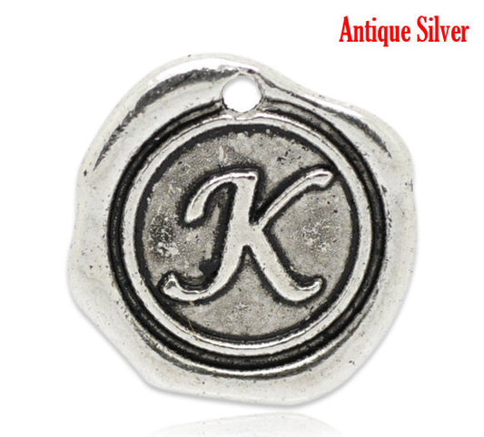 P192 - 5pcs. Antique Silver LARGE Letter "K" Alphabet Letter - 18mm x18mm - Wax Design