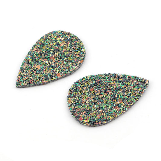 P724 - 10 pcs. Green Multicolor Glitter Faux Leather Dangle Charms Pendants - Teardrop - 55mm (2.17") - Great for Light Earrings! - Double-Sided