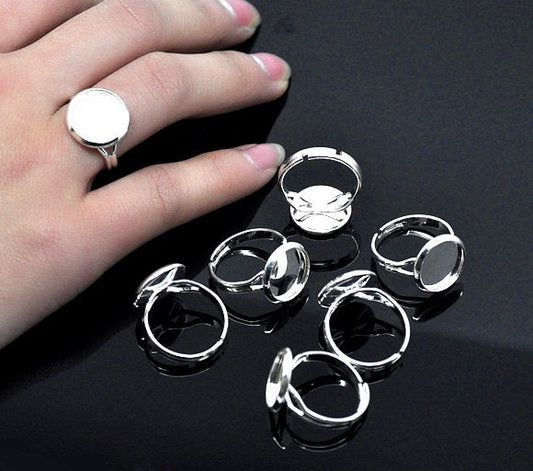 RB021A - 1 pc. Silver Plated ADJUSTABLE Cabochon Setting Bezel RING bases settings - Ring Size 6.25 US - Glue Pad 12mm (0.47 in)