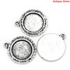 P463 - 10pcs. Antique Silver Circle Round Bezel Cabochon Pendant Tags Trays - 12mm Glue Pad Settings - Carved Design