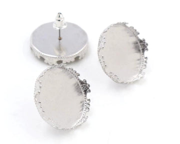 E051 - 10 pcs. 304 Stainless Steel Silver Earring Posts Settings Bezels Cabochons Tacks - 12mm Glue Pad Setting - Tiara Design - Tarnish Resistant!