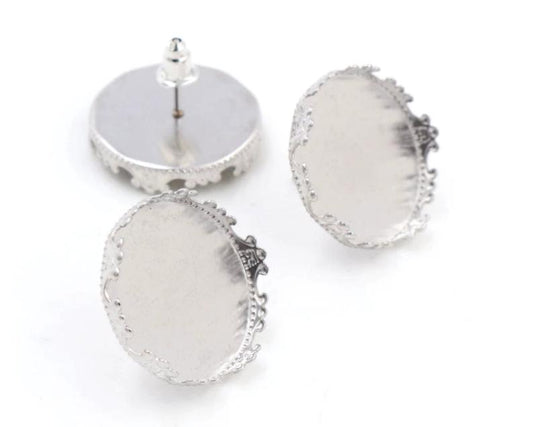 E051 - 10 pcs. 304 Stainless Steel Silver Earring Posts Settings Bezels Cabochons Tacks - 12mm Glue Pad Setting - Tiara Design - Tarnish Resistant!