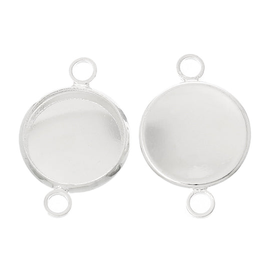 P467 - 30 pcs. Silver Plated Circle Round Bezel Cabochon Cameo Connectors Tags Trays - 12mm Glue Pad - Made of Copper!