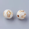BD180 - 88 pcs Ivory Cream Acrylic Round Spacer Beads - 10mm (0.39") - Gold Plated Cross Design - Hole Size: 2mm