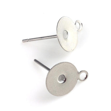 E740 - 50 pcs (25 pairs) 304 Stainless Steel Earring Posts/Bases/Studs/Settings with loop - 10mm Glue Pad - 13mm with Loop - Includes Rubber Backs