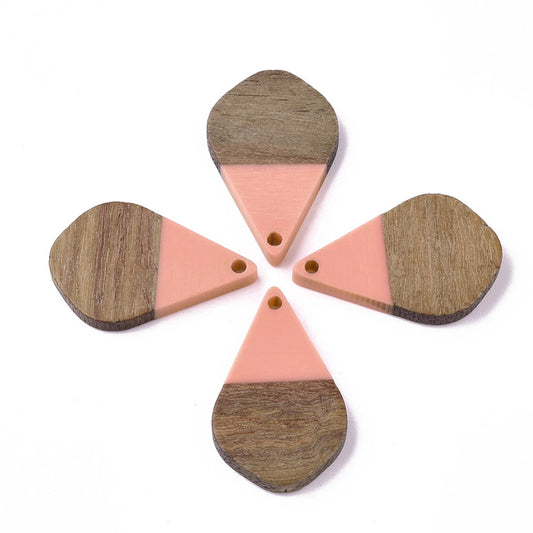 P1022 - 4 pcs. Coral Resin and Wood Teardrop Flat Pendant - 28mm x 18mm - (1.1" x 0.71") - SMALL - Great for Earrings and Necklaces!