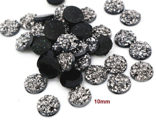 CA181 - 10 pcs Druzy Resin Embellishment Cabochons Gunmetal Silver Black - 10mm - Dome Circle