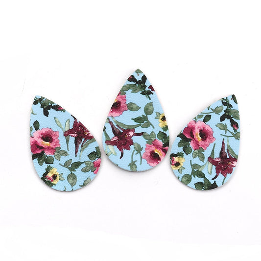 P859 - 10 pcs. Blue Floral Faux Leather Dangle Charms Pendants - Teardrop - 56mm (2.2") - Double Sided - Great for Earrings, Necklaces or Dangles