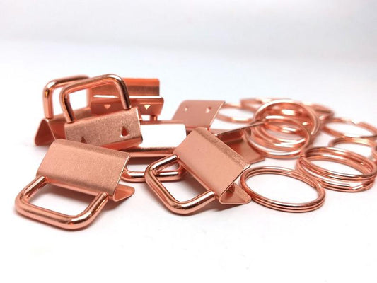 J266A - 20 pcs. Rose Gold Plated Key Fobs and Key Rings - 1" - Beautiful Purse Handbag Hardware - 1 inch - 10 Sets