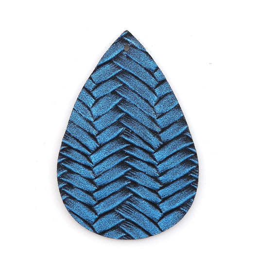P1067 - 10 pcs. Blue Faux Leather Dangle Charms Pendants - Teardrop Braided Weave - 56mm (2.2") - Great for Light Earrings or Dangles! Double-Sided