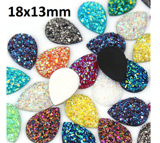 CA854 - 10 pcs Drusy Druzy Resin Embellishment Teardrop Cabochons - Assortment - Dome - 18x13mm - 13mm x 18mm - 13x18mm - Tear Drop - Thick: 3.8mm