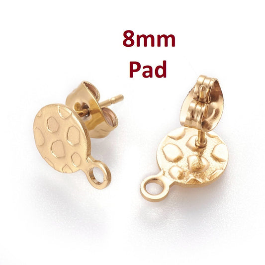 E560 - 10 pcs (5 pairs) 304 Stainless Steel Golden Earring Posts/Studs/Settings - 8mm Diameter - Hole Size: 1.8mm - TEXTURED - Style E - with Loop