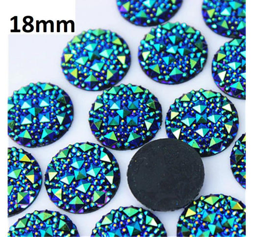 CA863 - 10 pcs Druzy Resin Embellishment Cabochons Blue Multicolor Iridescent AB - 18mm - Shimmer Style