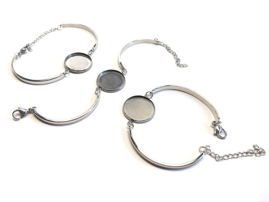 B085 - 2 pcs. 316 Stainless Steel Silver Tone Bezel Cabochon Bracelets - 20mm Glue Pad - with Extender Chain