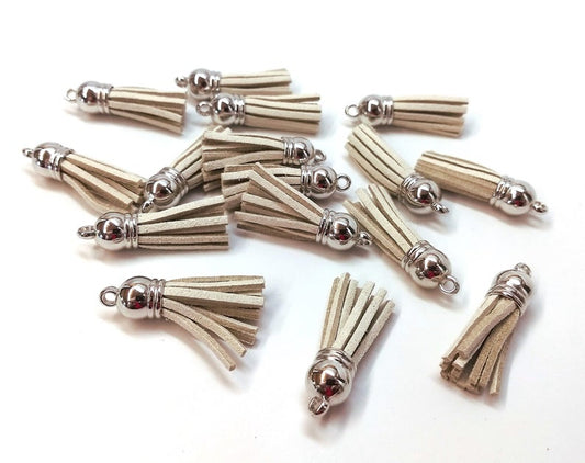 P2015 - 10 pcs. Khaki Beige Faux Suede Tassel Dangle Charms Pendants - Silver Tone - 3.6cm (1.4") x 1cm (0.4") - Great for Light Earrings &amp; Dangles!