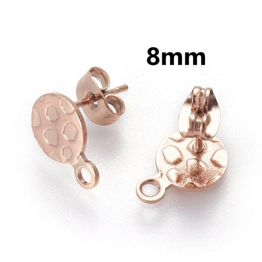 E700 - 10 pcs (5 pairs) 304 Stainless Steel Rose Gold Earring Posts/Studs/Settings - 8mm Diameter - Hole Size: 1.8mm - TEXTURED -Style E -with Loop