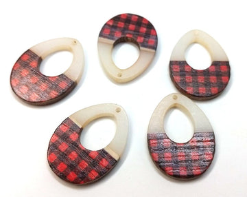 P1195 - 4 pcs. Red and Black Resin and Wood Teardrop Flat Pendant - 38mm x 28mm - (1.5" x 1.1") - LARGE - Great for Earrings and Necklaces!