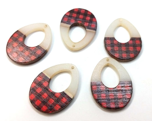 P1195 - 4 pcs. Red and Black Resin and Wood Teardrop Flat Pendant - 38mm x 28mm - (1.5" x 1.1") - LARGE - Great for Earrings and Necklaces!