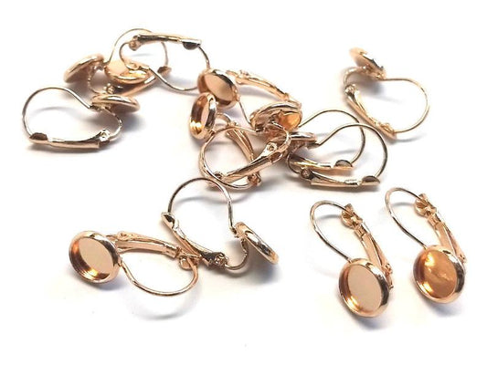 E459 - 10 pcs. Dull Gold Plated Earring Clips Settings Lever Back Bezels Cabochons - 8mm Glue Pad Setting