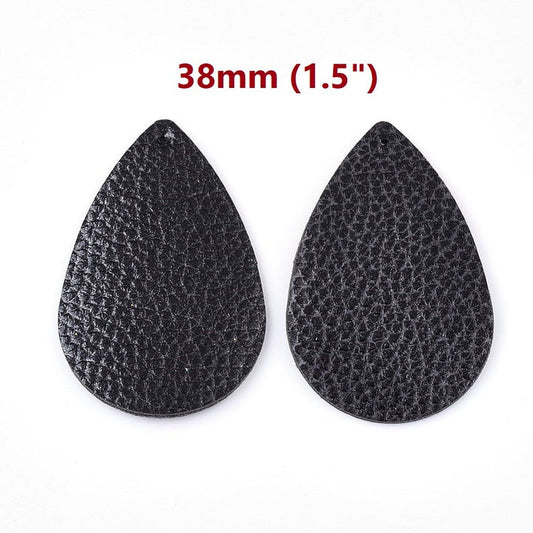 P2030 - 10 pcs. Black Faux Leather Dangle Charms Pendants - Teardrop - 38mm (1.5") - Great for Light Earrings or Dangles! Double-Sided
