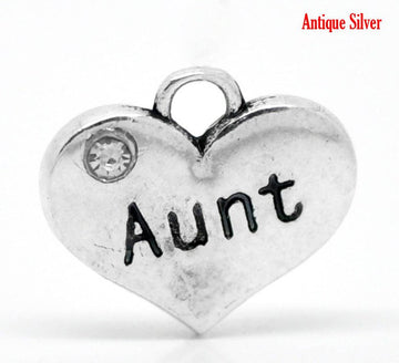 P042 - 10 pcs. Antique Silver "Aunt" charm with rhinestone - 16mm X 14mm