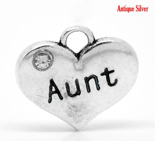 P042 - 10 pcs. Antique Silver "Aunt" charm with rhinestone - 16mm X 14mm