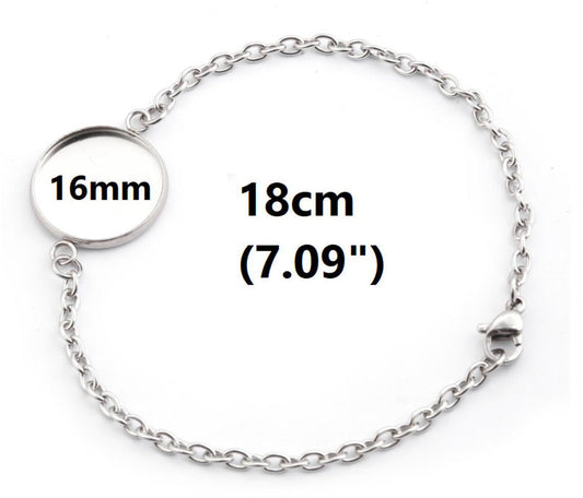 B093 - 3 pcs. 304 Stainless Steel Silver Tone Chain Bracelets - 7.09" (18cm) - 16mm Bezel - Tarnish Resistant!