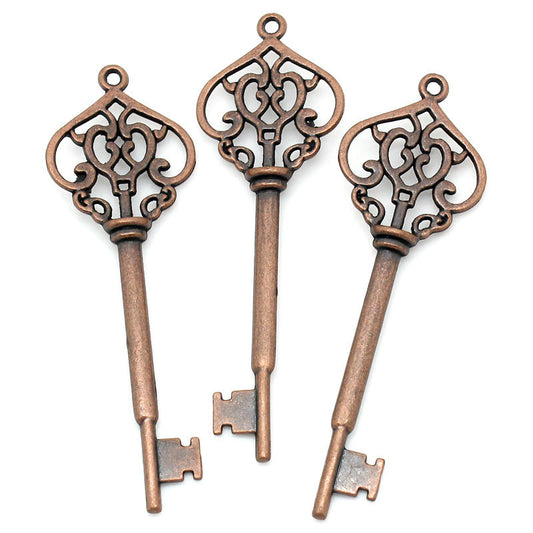 P668 - LARGE - 10 pcs. Copper Filigree Keys Charms Pendants - 70mm X 22mm (2 6/8"x 7/8")