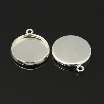 P168 - 10 pcs. Silver Plated Circle Round Bezel Cabochon Pendant Tags Trays - 10mm Glue Pad - Parallel Loop - Single Loop