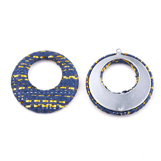 P401 - 4 pcs. Blue and Gold Raffia Dangle Charms Pendants - Circle Hoop Weave - 44mm (1.73") - Great for Earrings or Dangles!