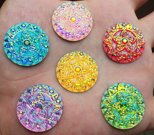 CA1032 - 12 pcs Assortment of Resin Embellishment Floral Textured Cabochons Multicolor - 25mm (1 inch)