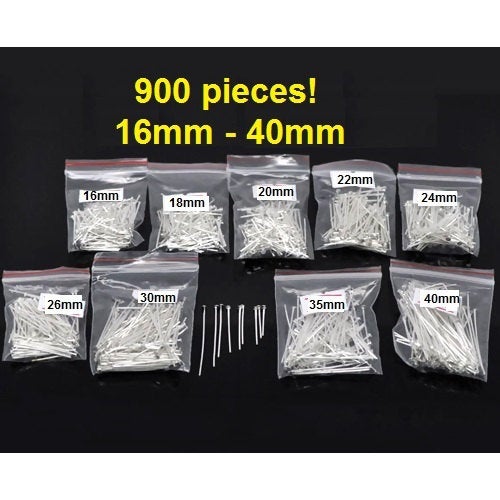 A043 - 900 pcs. Silver Plated Flat Head Pins - 16mm to 40mm - Assortment Mix - 21 Gauge
