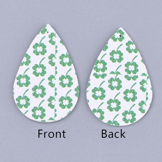 P2048 - 10 pcs. Green and White Faux Leather Dangle Charms Pendants - Teardrop - St. Patrick's Day - 56mm (2.2") - Double-Sided - Style E - Clover
