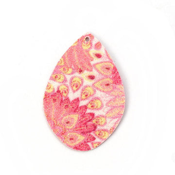 P725 - 10 pcs. Pink Floral Faux Leather Dangle Charms Pendants - Sparkle - Teardrop - 55mm (2.17") - Double Sided - Great for Earrings or Dangles!