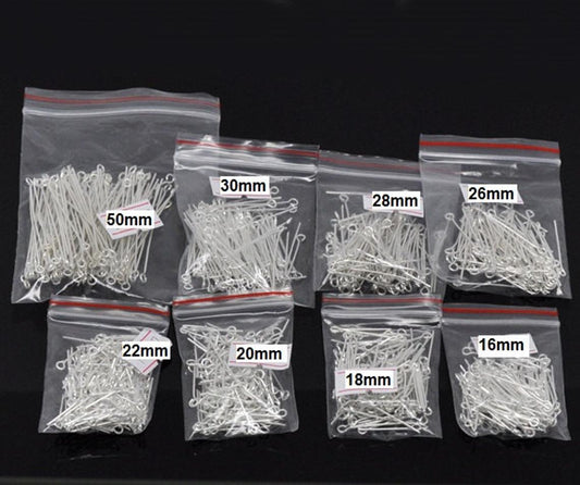 A046 - 800 pcs. Silver Plated Eye Head Pins - 16mm to 50mm - Assortment Mix - 21 Gauge