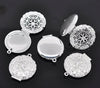 P744 - 5pcs. Silver Plated Carved Round Perfume Diffuser Pendant Photo Picture Locket Box - 32 X 27mm