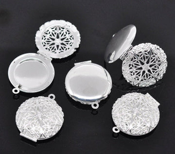 P744 - 5pcs. Silver Plated Carved Round Perfume Diffuser Pendant Photo Picture Locket Box - 32 X 27mm